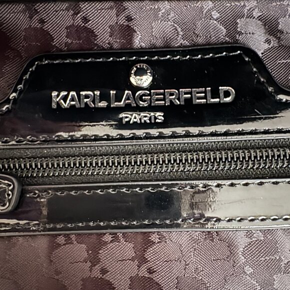 Karl Lagerfeld Paris Logo Tote Handbag with Coin Purse Black Patent Leather - Picture 7 of 16